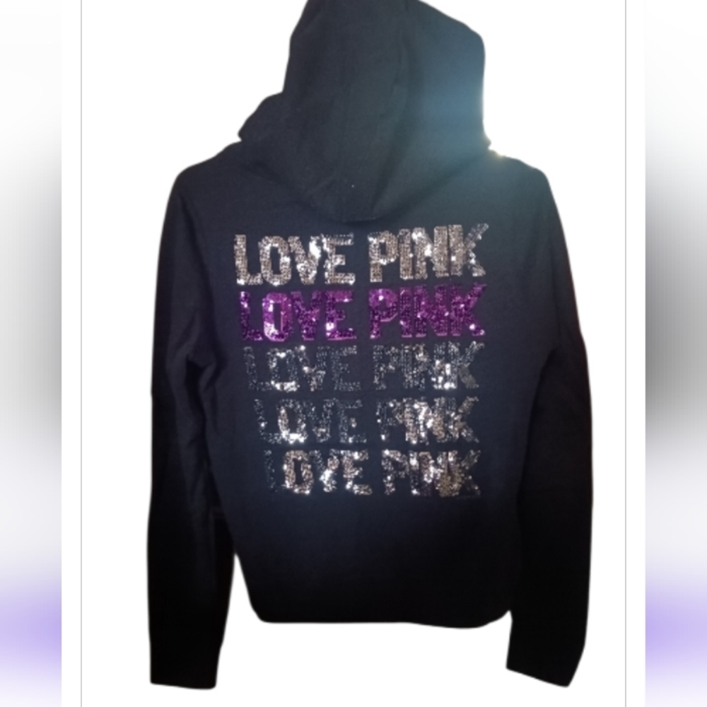 PINK VS Full Zip Sequin Logo Hoodie Dark Gray w/ Silver & Purple Sequins 😍